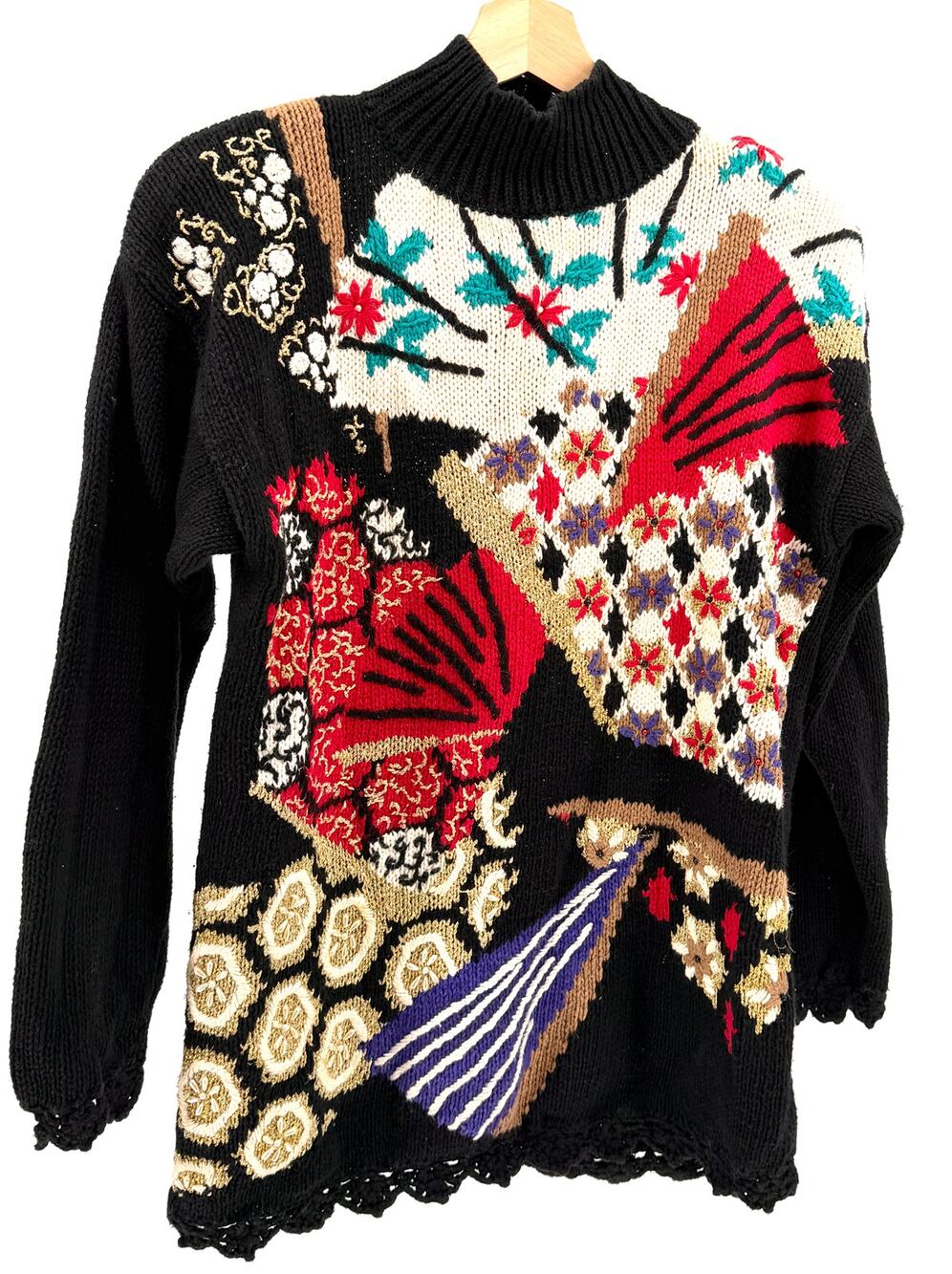Vintage 90s Casual Corner Black Asian Floral Fan Graphic Beaded Sweater